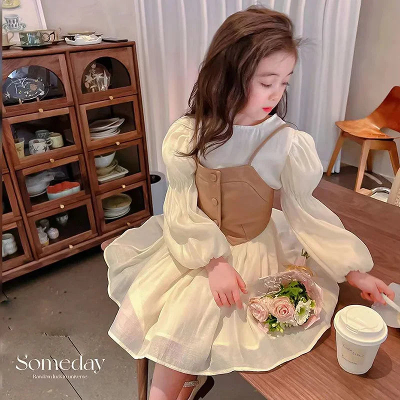 Vestido Infantil Creme com Colete Caramelo