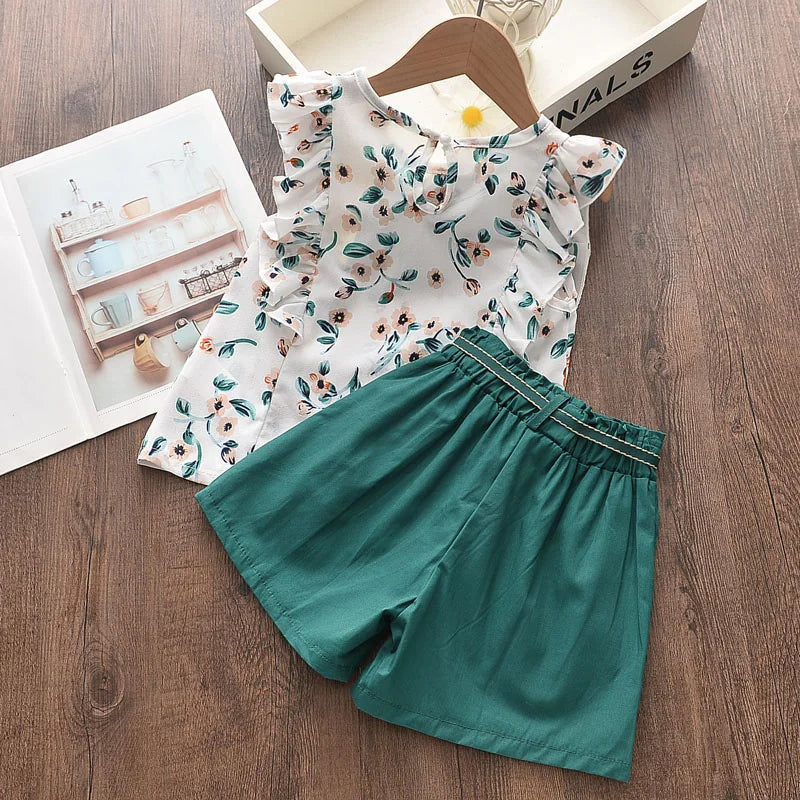 Conjunto Infantil Feminino Bear Leader – Blusa Floral com Babados e Short Verde