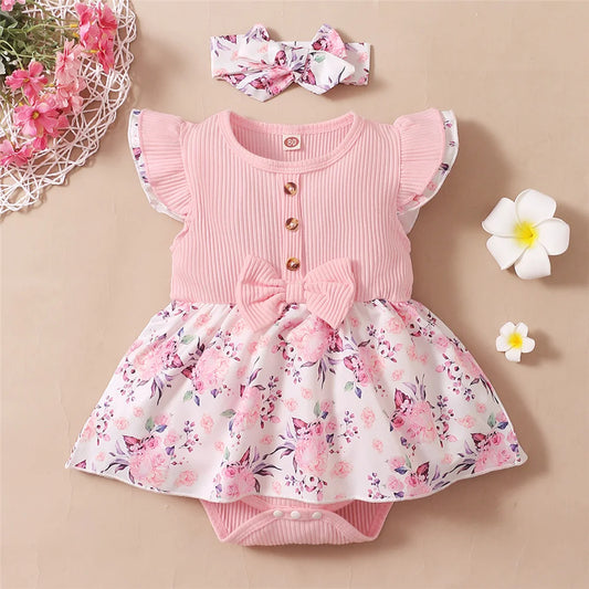 Macacão Vestido Infantil Feminino Floral com Faixa de Cabelo – Charme e Conforto para Bebês