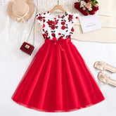 Vestido Infantil Floral com Saia de Tule Vermelha