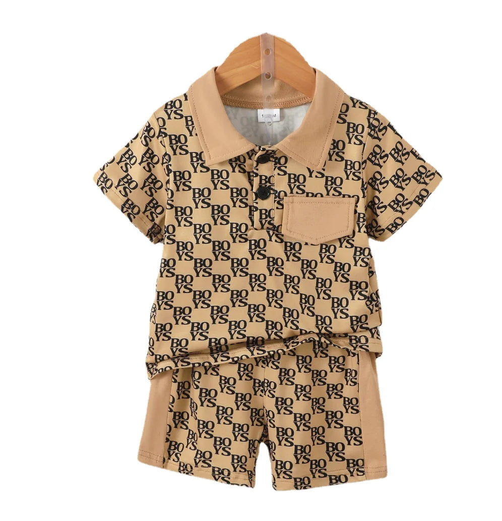 Conjunto Infantil Masculino Camisa Polo e Shorts Bege com Estampa