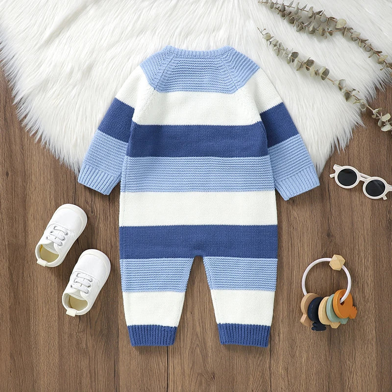 Macacão Infantil Tricot Listrado Azul e Branco
