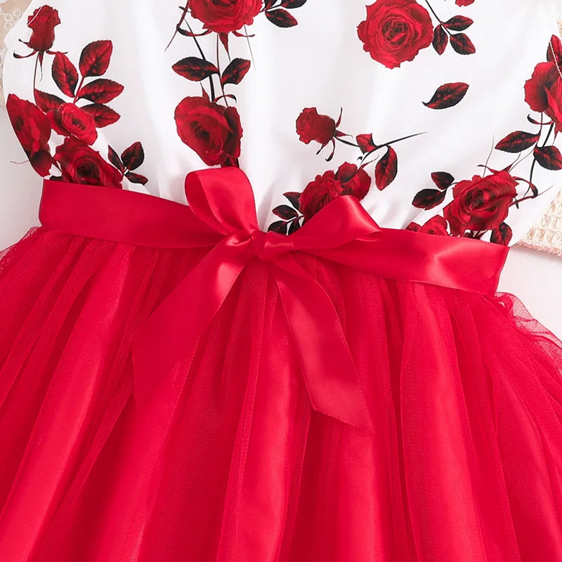 Vestido Infantil Floral com Saia de Tule Vermelha