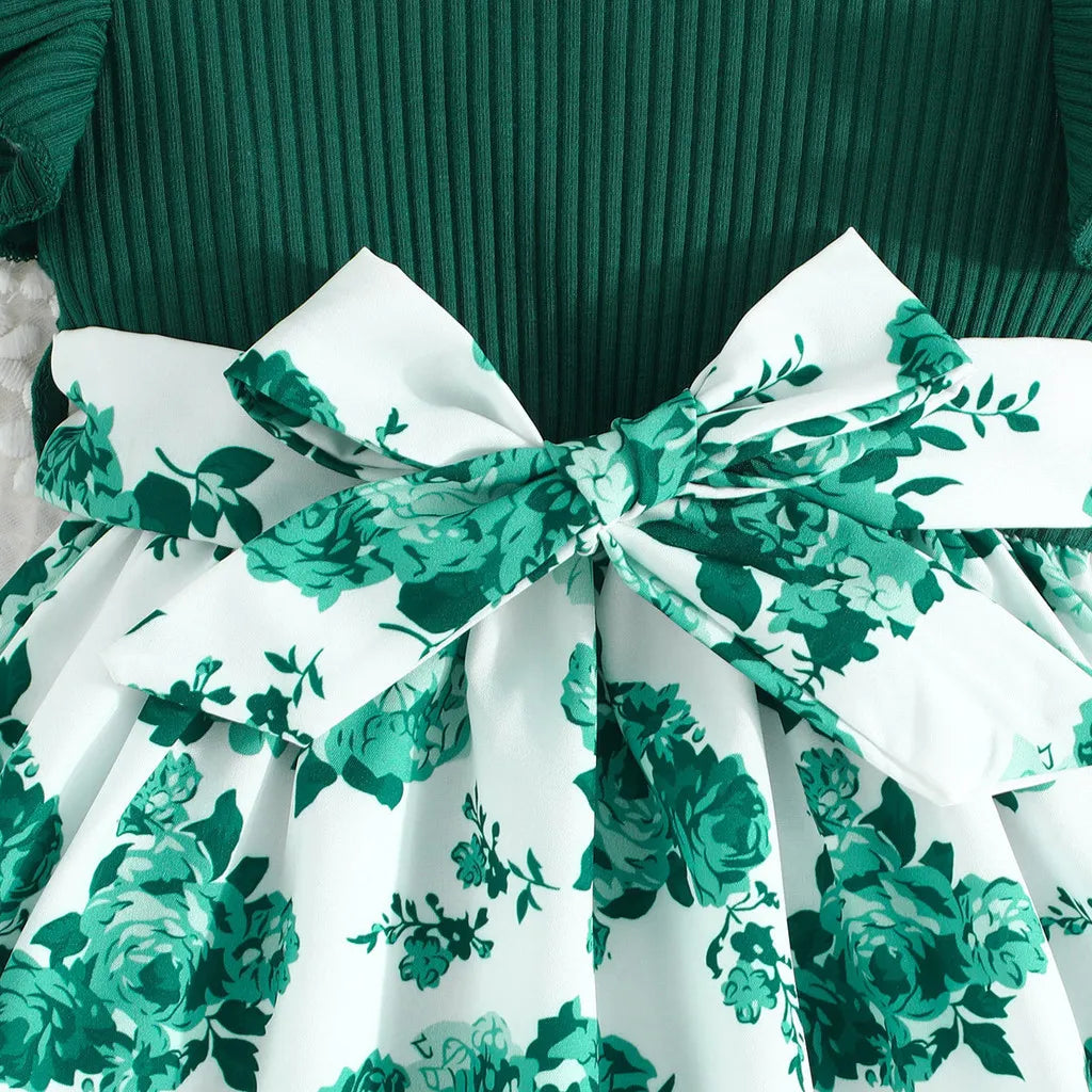 Vestido Infantil Verde com Estampa Floral e Laço