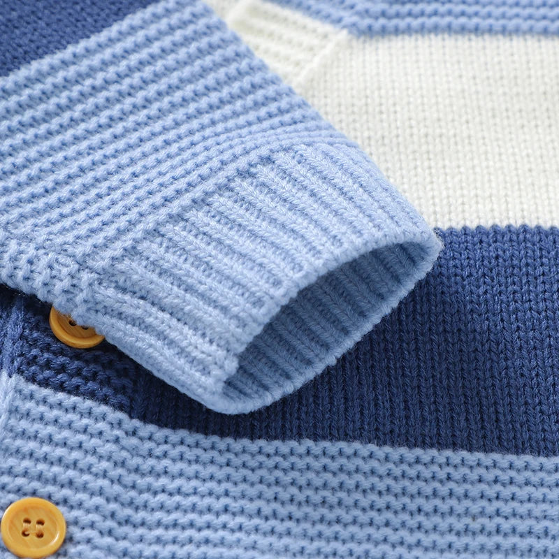 Macacão Infantil Tricot Listrado Azul e Branco