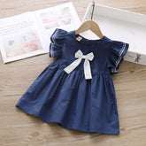 Vestido Infantil com Laço e Mangas Babado – Branco ou Azul Marinho