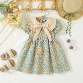 Vestido Infantil Floral Azul com Gola Laço