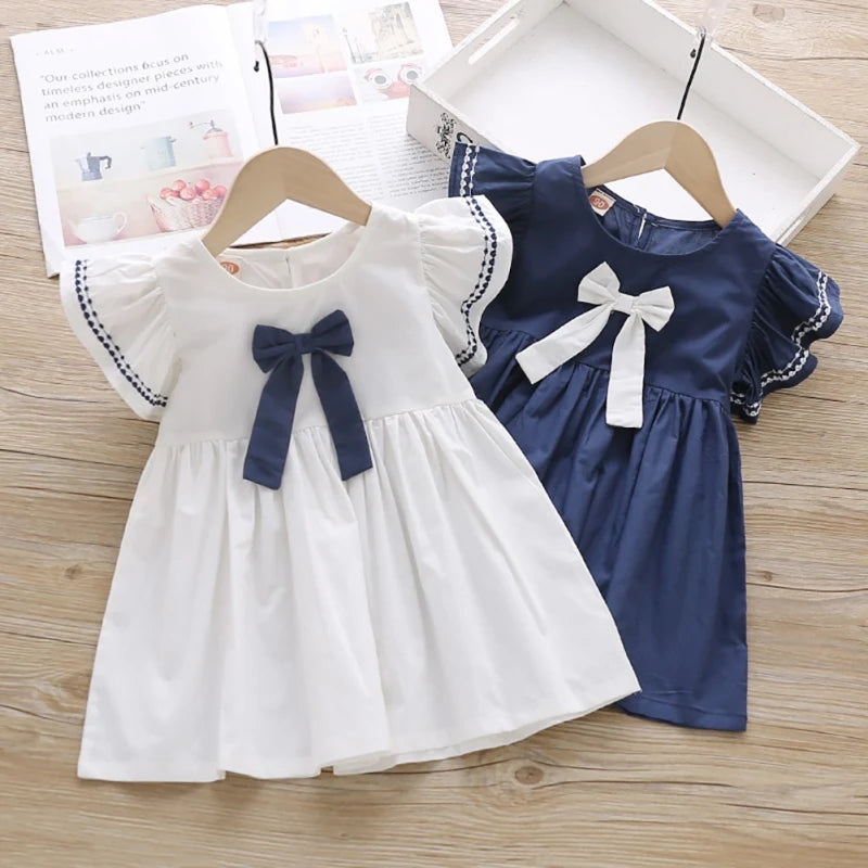 Vestido Infantil com Laço e Mangas Babado – Branco ou Azul Marinho