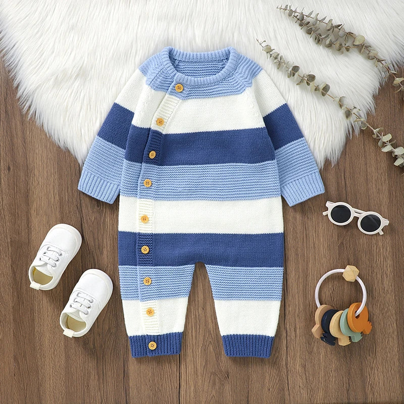 Macacão Infantil Tricot Listrado Azul e Branco
