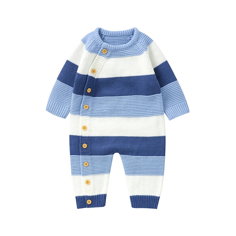 Macacão Infantil Tricot Listrado Azul e Branco