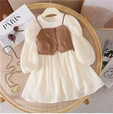 Vestido Infantil Creme com Colete Caramelo