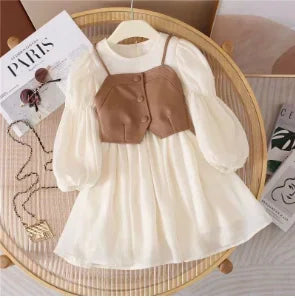 Vestido Infantil Creme com Colete Caramelo