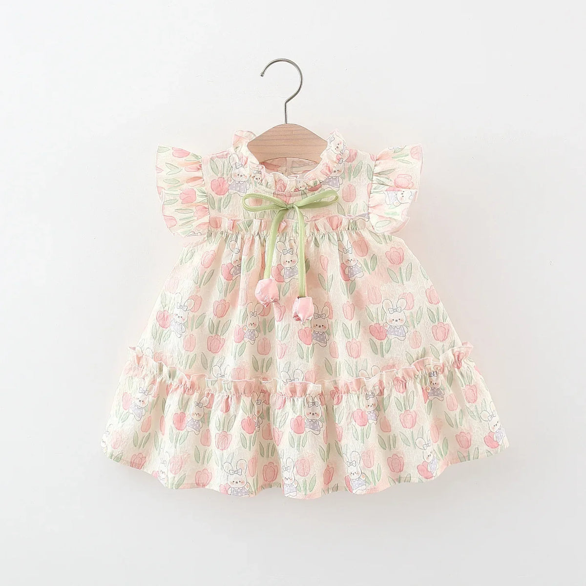 Vestido Infantil Feminino Estampado Coelhinhos e Flores com Laço – Conforto e Encanto para Todas as Ocasiões