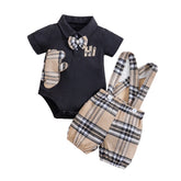 Conjunto Infantil Masculino Body Ursinho com Suspensório Xadrez – Charme Clássico para Pequenos Cavalheiros