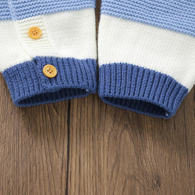 Macacão Infantil Tricot Listrado Azul e Branco