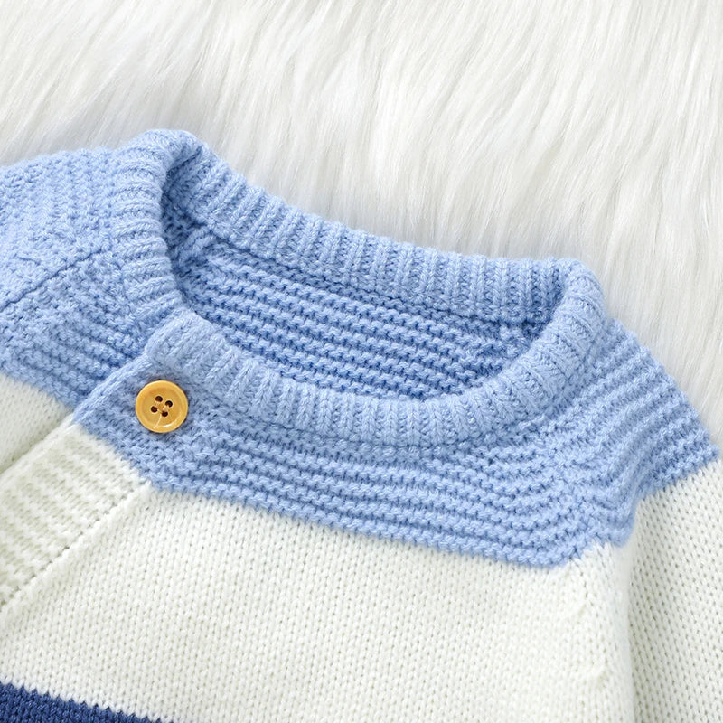 Macacão Infantil Tricot Listrado Azul e Branco