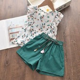 Conjunto Infantil Feminino Bear Leader – Blusa Floral com Babados e Short Verde