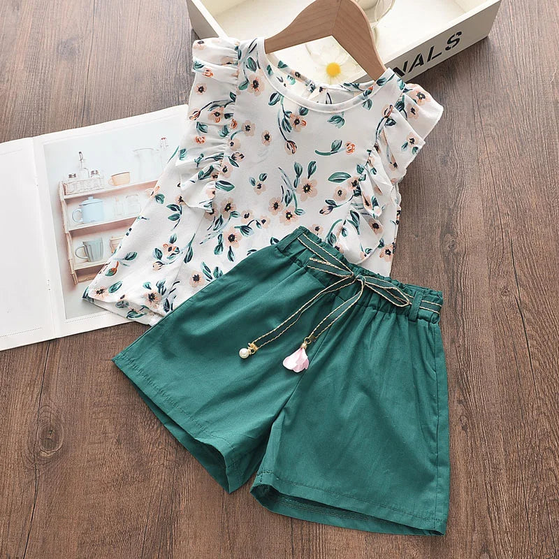Conjunto Infantil Feminino Bear Leader – Blusa Floral com Babados e Short Verde