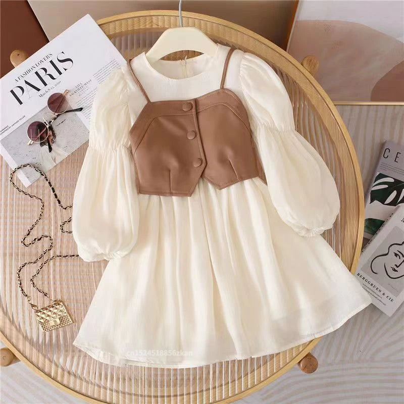 Vestido Infantil Creme com Colete Caramelo