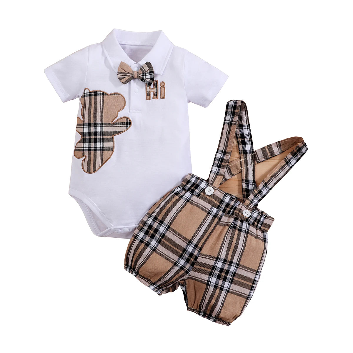 Conjunto Infantil Masculino Body Ursinho com Suspensório Xadrez – Charme Clássico para Pequenos Cavalheiros
