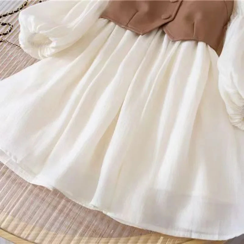 Vestido Infantil Creme com Colete Caramelo