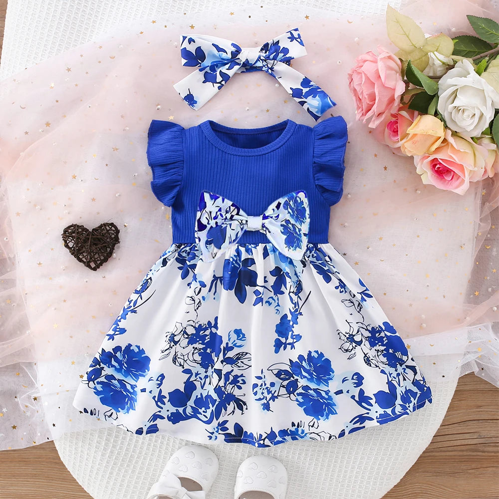 Vestido Infantil Floral Azul com Laço e Tiara
