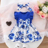 Vestido Infantil Floral Azul com Laço e Tiara