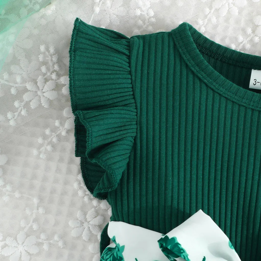 Vestido Infantil Verde com Estampa Floral e Laço