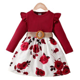 Vestido Infantil Manga Longa com Estampa de Rosas e Cinto Elegante