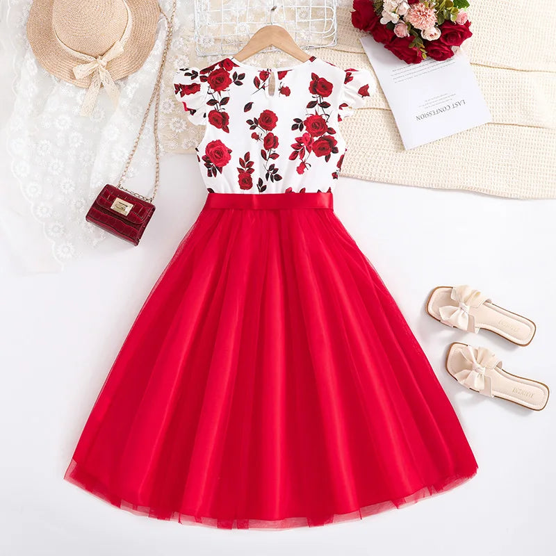 Vestido Infantil Floral com Saia de Tule Vermelha