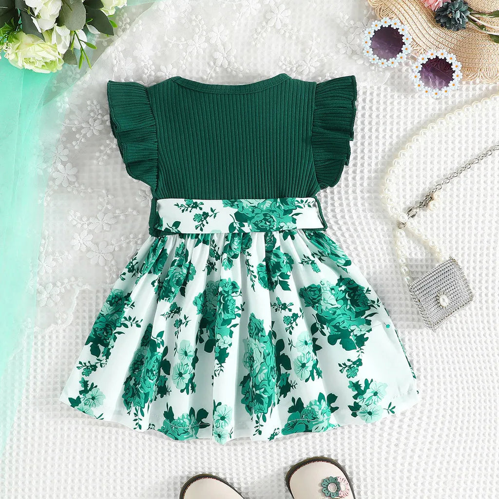 Vestido Infantil Verde com Estampa Floral e Laço