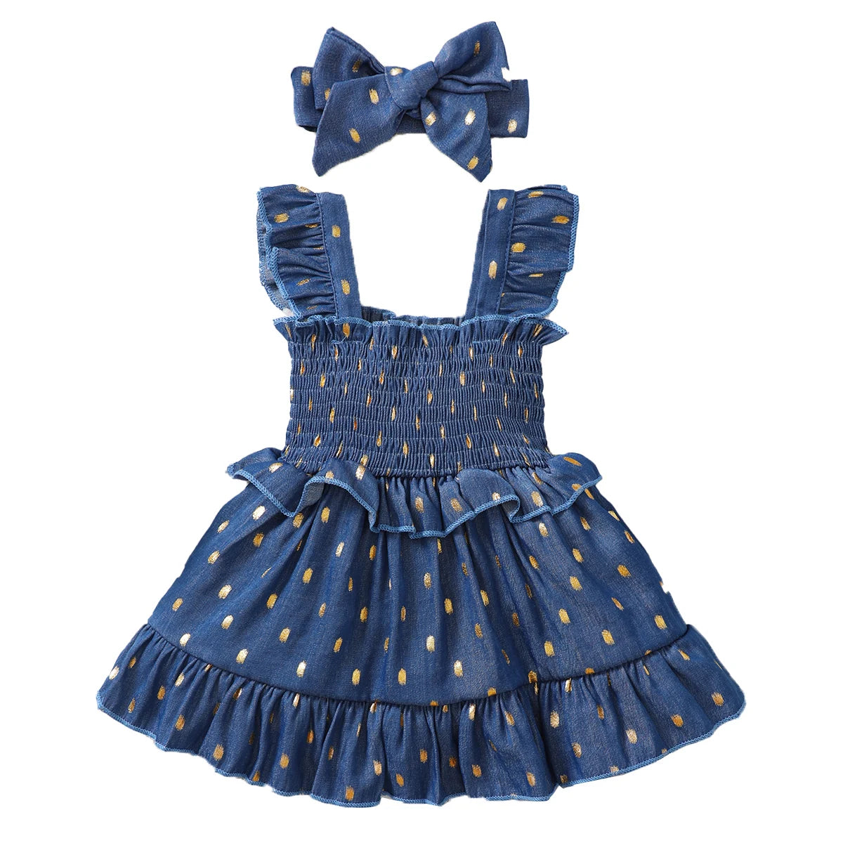 Vestido Infantil Jeans com Poás Dourados e Laço de Cabelo