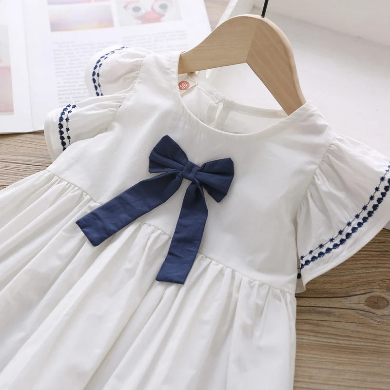 Vestido Infantil com Laço e Mangas Babado – Branco ou Azul Marinho