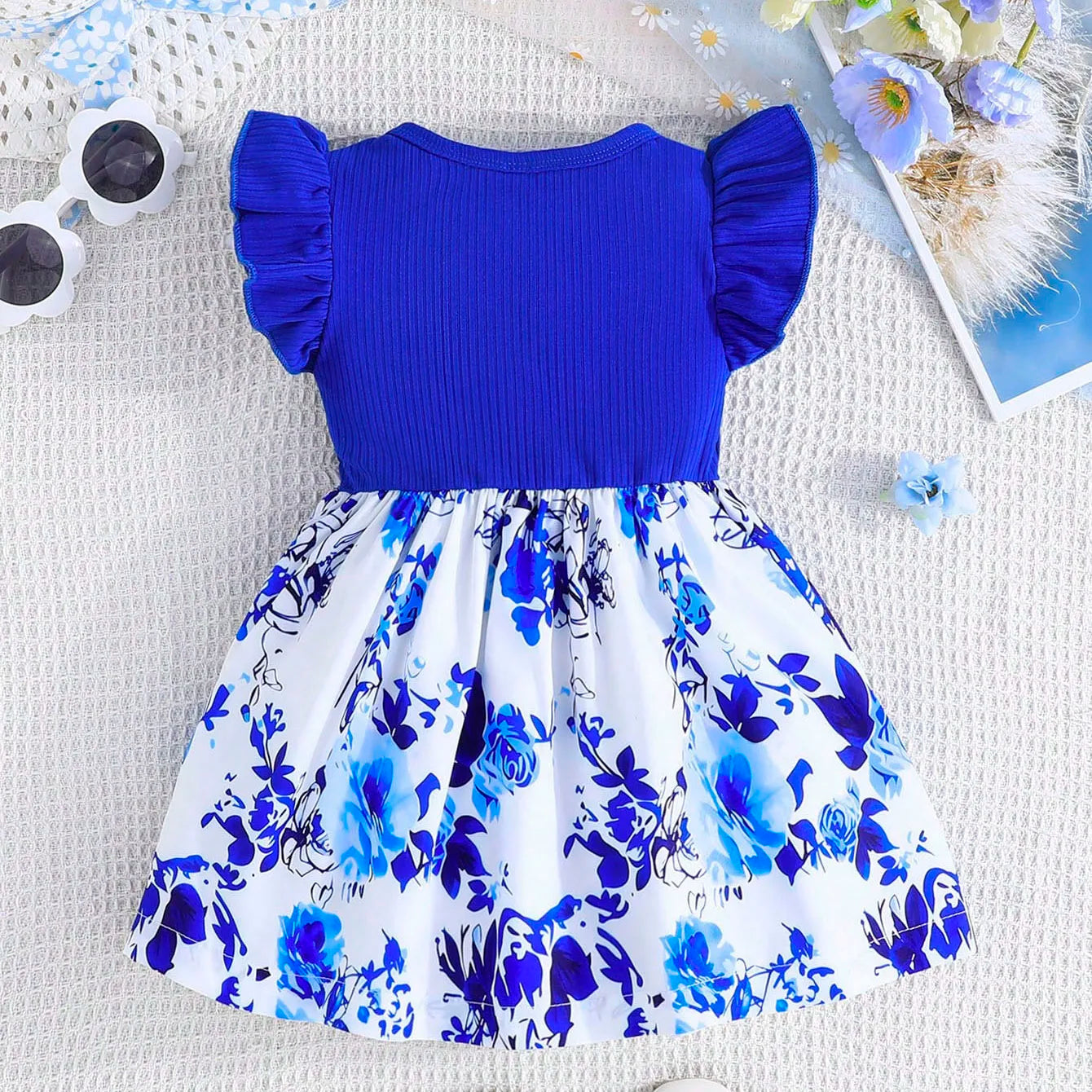 Vestido Infantil Floral Azul com Laço e Tiara