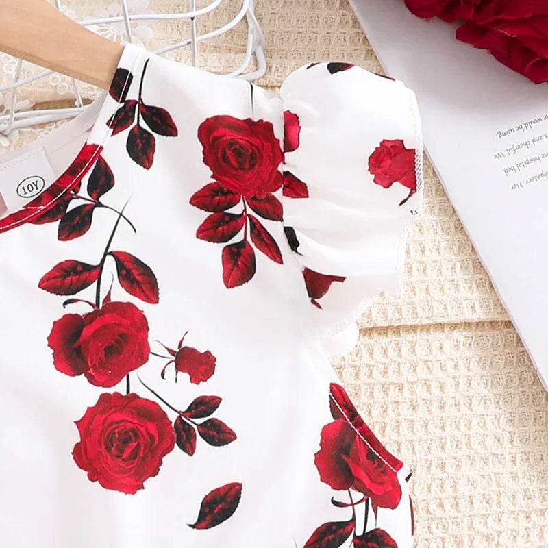 Vestido Infantil Floral com Saia de Tule Vermelha