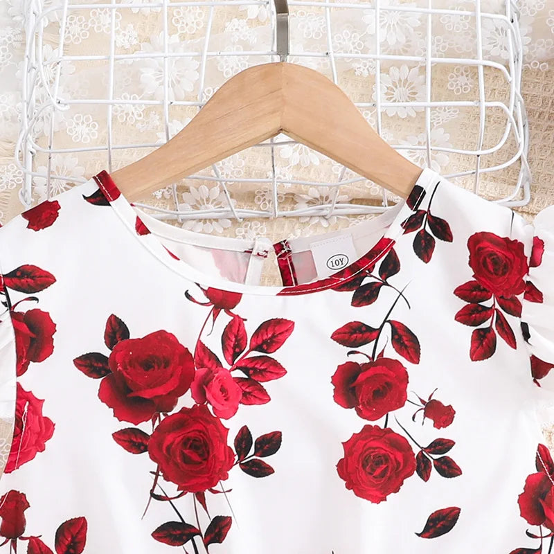 Vestido Infantil Floral com Saia de Tule Vermelha