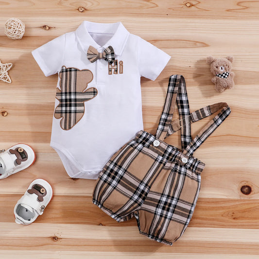 Conjunto Infantil Masculino Body Ursinho com Suspensório Xadrez – Charme Clássico para Pequenos Cavalheiros