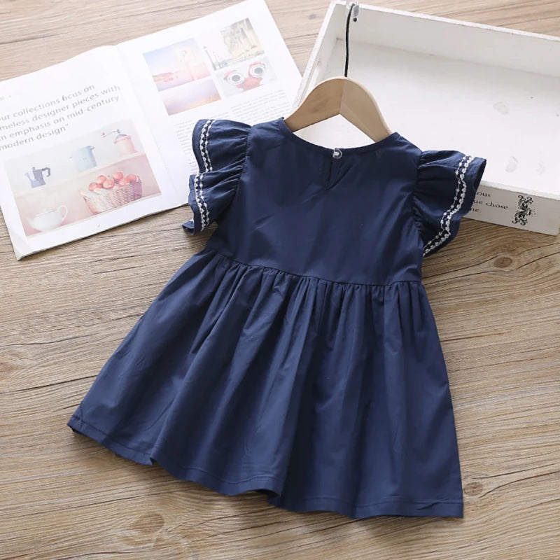 Vestido Infantil com Laço e Mangas Babado – Branco ou Azul Marinho