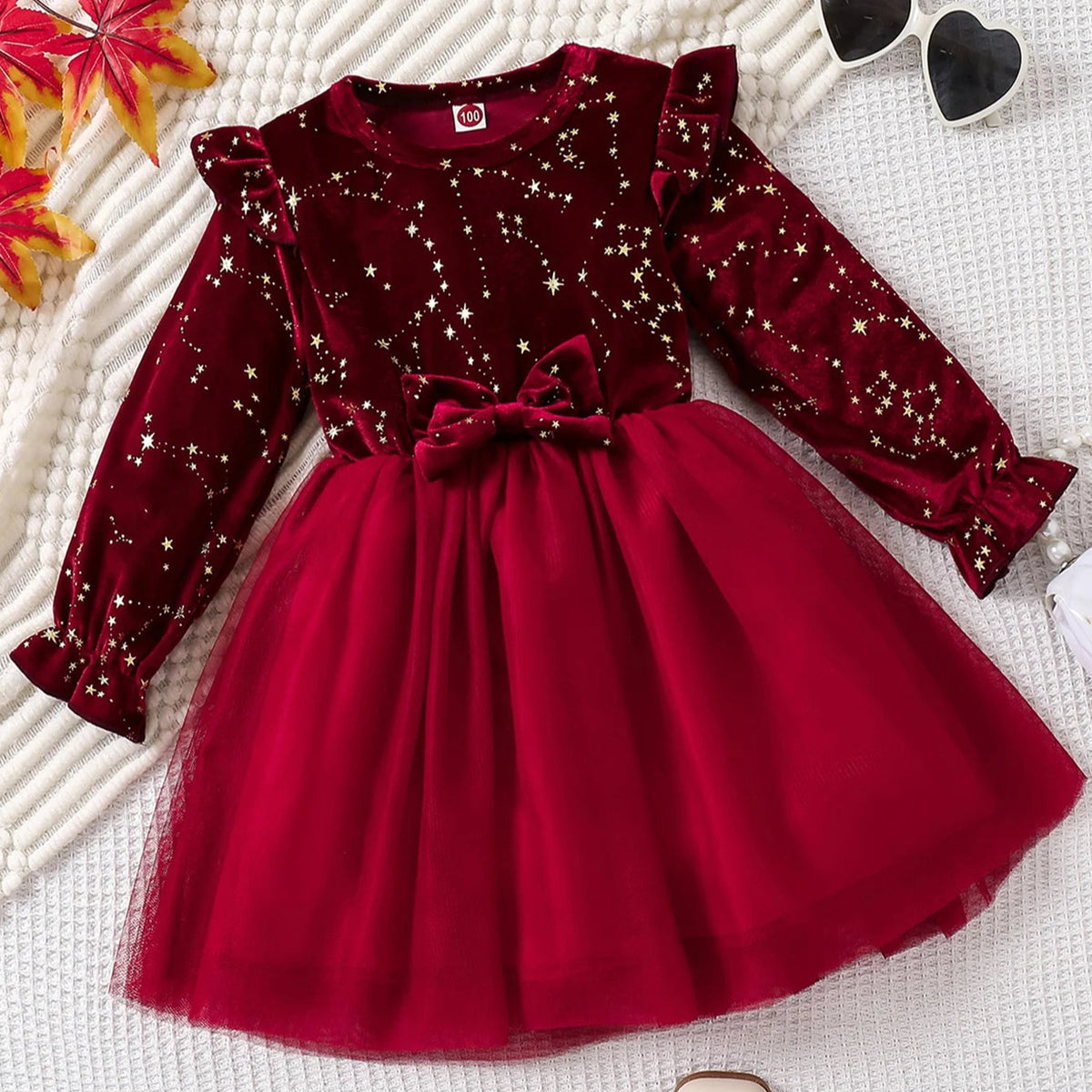 Vestido Infantil Festa Vermelho com Estampa de Estrelas e Saia de Tule