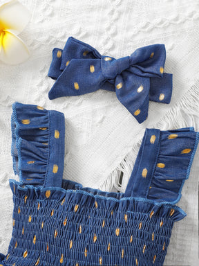 Vestido Infantil Jeans com Poás Dourados e Laço de Cabelo