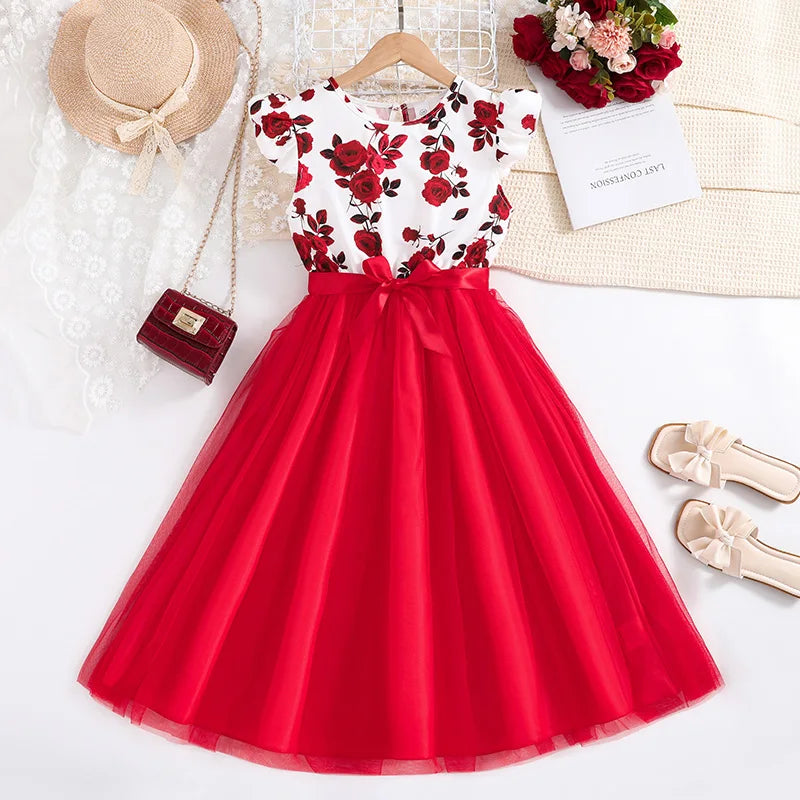 Vestido Infantil Floral com Saia de Tule Vermelha