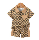 Conjunto Infantil Masculino Camisa Polo e Shorts Bege com Estampa