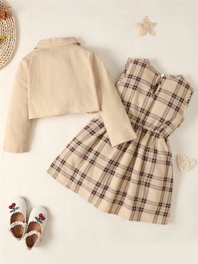 Conjunto Infantil Vestido Xadrez Bege com Casaco Cropped