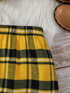 Conjunto Infantil Feminino Xadrez Amarelo com Boina – 4 Peças