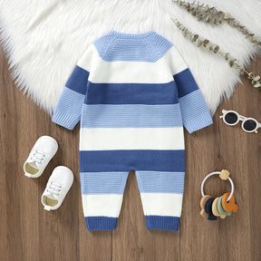 Macacão Infantil Tricot Listrado Azul e Branco