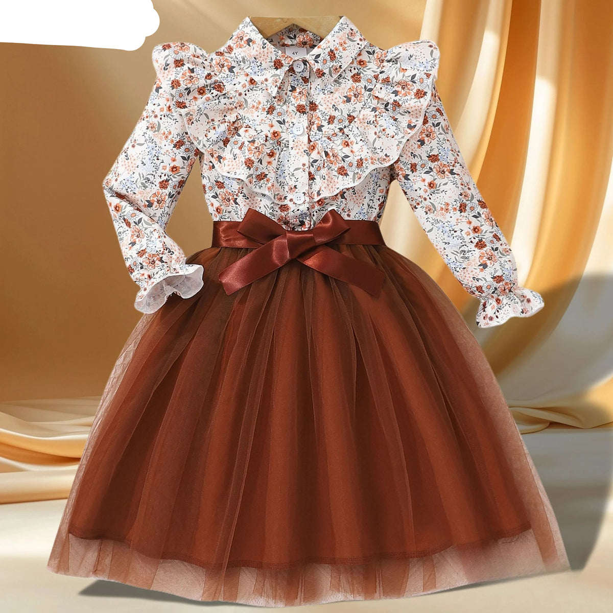 Vestido Infantil Floral com Saia de Tule e Laço – 2 a 7 Anos