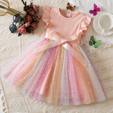 Vestido Infantil Rosa com Saia de Tule Arco-Íris