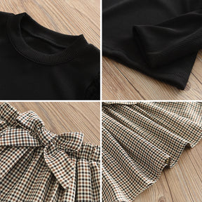Conjunto Infantil Inverno Xadrez com Blusa Preta de Manga Longa e Saia com Laço