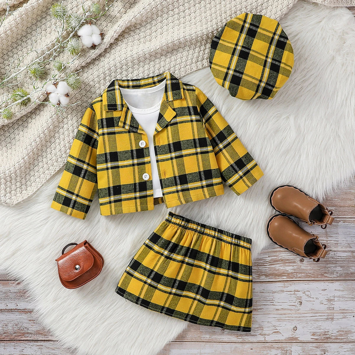 Conjunto Infantil Feminino Xadrez Amarelo com Boina – 4 Peças