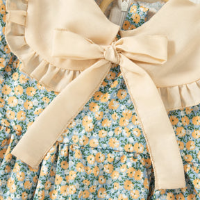 Vestido Infantil Floral Azul com Gola Laço